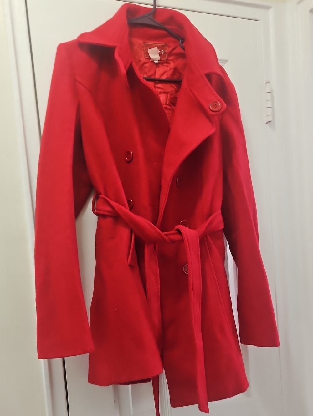 Women's Red Double-Breasted Belted Wool-Blend Coat